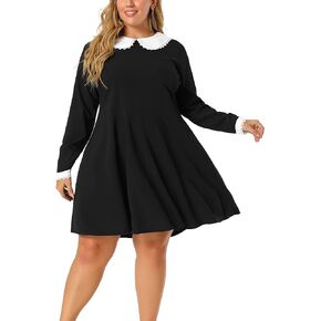 Agnes Orinda Plus Size Dresses for Women Long Sleeve Doll Collars Peter Pan Collar A-line Flare Midi Dress