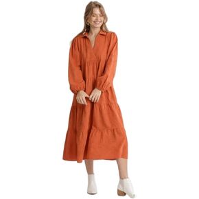 Umgee Textured Long Sleeve Collar Split Neck Tiered Maxi Dress