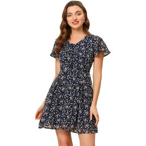 Allegra K Women's Floral Printed Spring Summer Flare Short Sleeve Lace-up V Neck Chiffon Dress