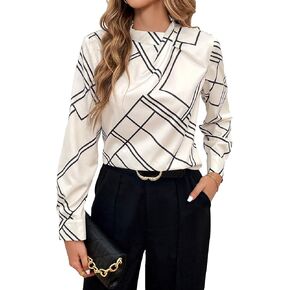 MakeMeChic Women's Geo Print Twist Front Mock Neck Long Sleeve Work Blouse Shirt Tops