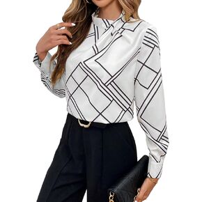 MakeMeChic Women's Geo Print Twist Front Mock Neck Long Sleeve Work Blouse Shirt Tops