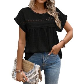 SweatyRocks Women's Eyelet Embroidery Lace Short Sleeve Blouse Round Neck Shirt Tops