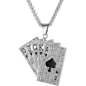 Hip Hop Rapper Iced out Necklace Alloy Playing Card Poker Pendant Necklace Rhinestones Ace of Spades Necklace