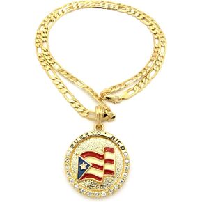 Flag of Puerto Rico Rhinestone Medal Pendant with 5mm 24" Figaro Chain Necklace