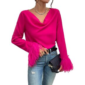 MakeMeChic Women's Casual Solid Cowl Neck Fuzzy Cuff Long Sleeve Blouse Tops