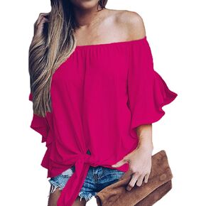 LuckyMore Off The Shoulder Tops Women Summer 3/4 Bell Sleeve Tie Knot Boho Shirt Blouses