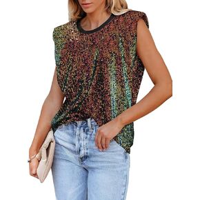 miduo Womens Crewneck Sequin Shoulder Padded Tops Sparkle Shimmer Blouses Shirts and Tops