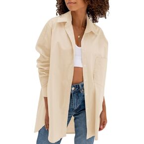 Tankaneo Women Oversized Button Down Shirts Long Sleeve Boyfriend Dress Blouse with Pocket