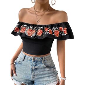 MakeMeChic Women's Floral Embroidered Off Shoulder Ruffle Trim Crop Top Blouse Shirt