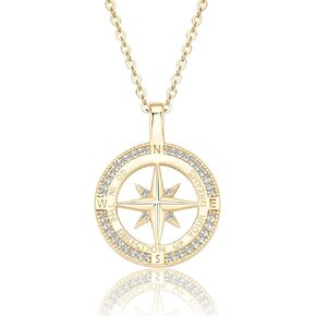 Compass Necklace for Women Girls, 925 Sterling Silver with 18K White Gold/ Gold Plating Compass Pendant Jewelry Cubic Zirconia Unisex Senior High School College for Masters Degree Graduation Birthday Girlfriend Christmas Ideas Gift