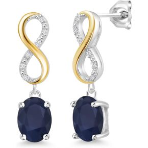 Gem Stone King Keren Hanan 925 Sterling Silver 10K Yellow Gold Blue Sapphire and White Lab Grown Diamond Dangle Infinity Earrings For Women (3.66 Cttw, Gemstone Birthstone, Oval 8X6MM)