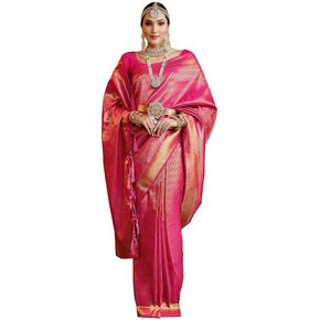 ساري حريري من قماش الجاكار مزين بشرابة مع قطعة بلوزة غير مخيطة (3169S5753_) وردي داكن مجانًا in Kuwait