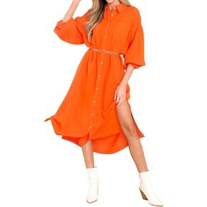 R.Vivimos Women's Long Sleeve Cotton Oversized Dress Casual Button Down Loose Slit Midi Dress with Pocket