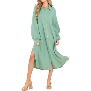 R.Vivimos Women's Long Sleeve Cotton Oversized Dress Casual Button Down Loose Slit Midi Dress with Pocket