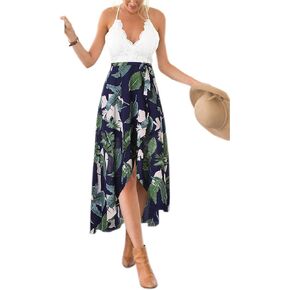 Blooming Jelly Women's Deep V Neck Sleeveless Summer Asymmetrical Floral Maxi Dress