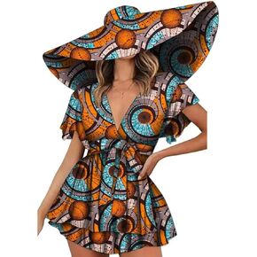 African Dresses for Women Short Sleeve with Hats Casual African Clothing Dashiki Party Outfits V-Neck Short Ankara Dresses