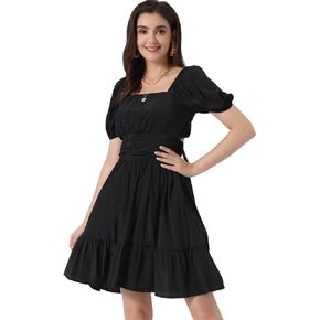 Allegra K Square Neck Dress for Women's Summer Short Puff Sleeve Bow Tie Back Ruffle A-Line Mini Dresses