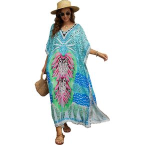 Swimsuit Cover Up Caftan Women's Vneck Flower Leopard Print Batwing Sleeve Side Split Kaftan Dresses