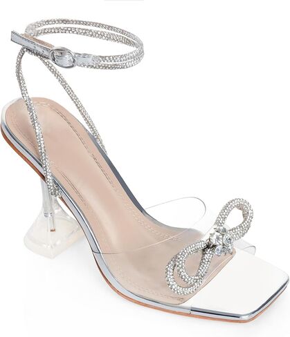 صنادل نسائية بكعب من CASALANDER صنادل ذات كعب كريستالي وعقدة مزدوجة وكعب شفاف وكعب مربع وأصابع القدم لحفلات الزفاف والمواعدة in Kuwait