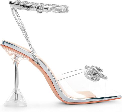 صنادل نسائية بكعب من CASALANDER صنادل ذات كعب كريستالي وعقدة مزدوجة وكعب شفاف وكعب مربع وأصابع القدم لحفلات الزفاف والمواعدة in Kuwait