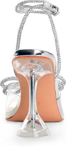 صنادل نسائية بكعب من CASALANDER صنادل ذات كعب كريستالي وعقدة مزدوجة وكعب شفاف وكعب مربع وأصابع القدم لحفلات الزفاف والمواعدة in Kuwait