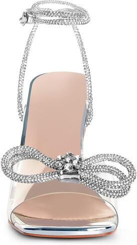 صنادل نسائية بكعب من CASALANDER صنادل ذات كعب كريستالي وعقدة مزدوجة وكعب شفاف وكعب مربع وأصابع القدم لحفلات الزفاف والمواعدة in Kuwait