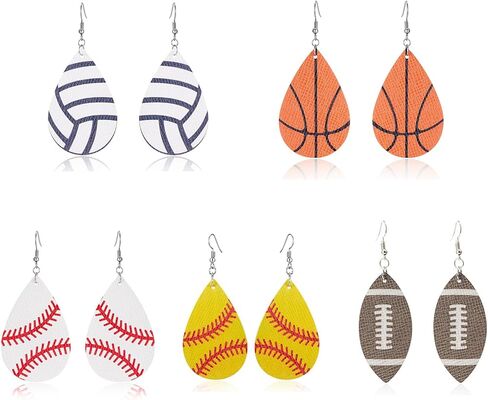 5 أزواج من أقراط كرة القدم من الجلد الصناعي أقراط على شكل دمعة طبقة واحدة من أقراط كرة القدم كرة القدم وكرة السلة وكرة القدم الرجبي والبيسبول من الجلد الصناعي أقراط متدلية من الجلد الصناعي على شكل كرة دمعة in Kuwait