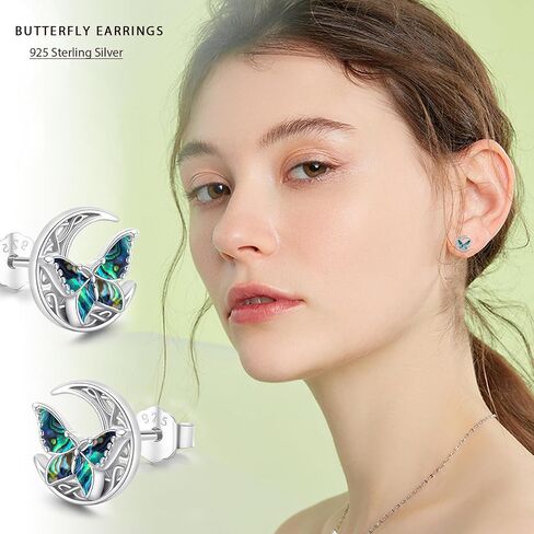 Abalone Butterfly Stud Earrings 925 Sterling Silver Celtic Moon Earrings Irish Celtic Jewelry Gifts for Women Girls in Kuwait