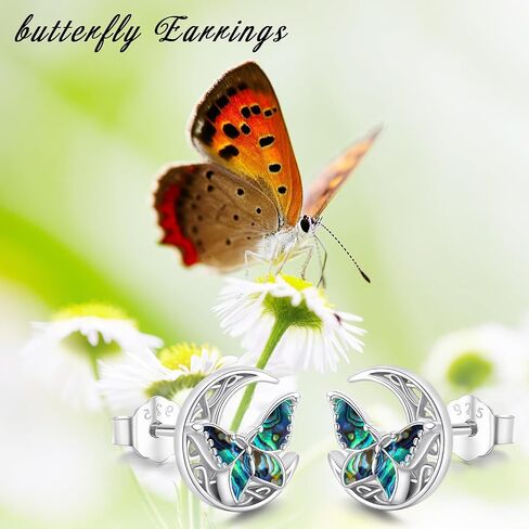 Abalone Butterfly Stud Earrings 925 Sterling Silver Celtic Moon Earrings Irish Celtic Jewelry Gifts for Women Girls in Kuwait