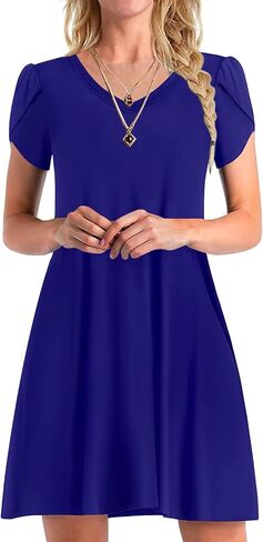 Leafsay Women's 2023 Summer V Neck Mini Dresses Casual Petal Short Sleeve Flowy Dress with Pockets in Kuwait