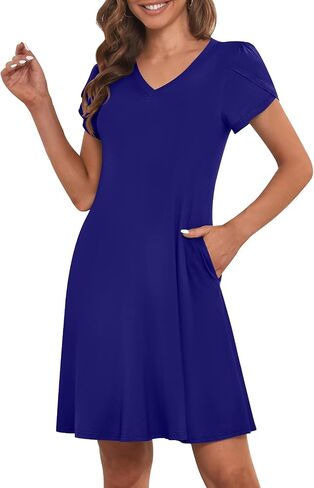 Leafsay Women's 2023 Summer V Neck Mini Dresses Casual Petal Short Sleeve Flowy Dress with Pockets in Kuwait