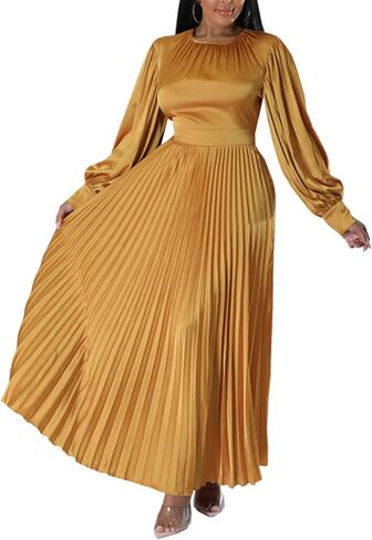 xxxiticat Women's Pleated Satin Party Dress Long Lantern Sleeve Maxi African Dresses in Saudi Arabia