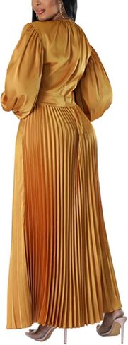 xxxiticat Women's Pleated Satin Party Dress Long Lantern Sleeve Maxi African Dresses in Saudi Arabia