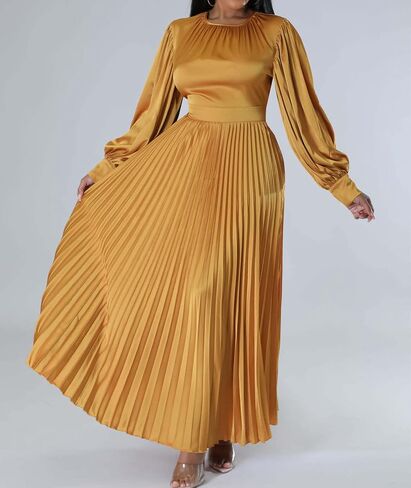 xxxiticat Women's Pleated Satin Party Dress Long Lantern Sleeve Maxi African Dresses in Saudi Arabia