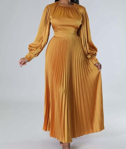 xxxiticat Women's Pleated Satin Party Dress Long Lantern Sleeve Maxi African Dresses in Saudi Arabia