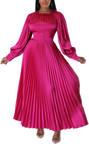 xxxiticat Women's Pleated Satin Party Dress Long Lantern Sleeve Maxi African Dresses in Saudi Arabia