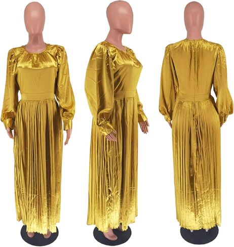 xxxiticat Women's Pleated Satin Party Dress Long Lantern Sleeve Maxi African Dresses in Saudi Arabia