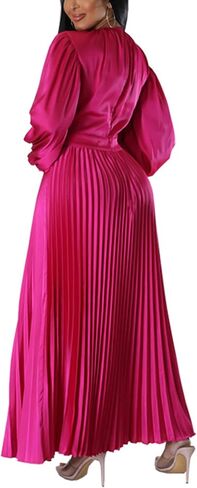 xxxiticat Women's Pleated Satin Party Dress Long Lantern Sleeve Maxi African Dresses in Saudi Arabia