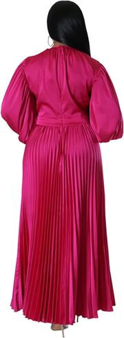 xxxiticat Women's Pleated Satin Party Dress Long Lantern Sleeve Maxi African Dresses in Saudi Arabia