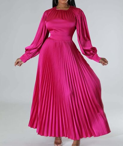 xxxiticat Women's Pleated Satin Party Dress Long Lantern Sleeve Maxi African Dresses in Saudi Arabia