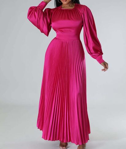 xxxiticat Women's Pleated Satin Party Dress Long Lantern Sleeve Maxi African Dresses in Saudi Arabia