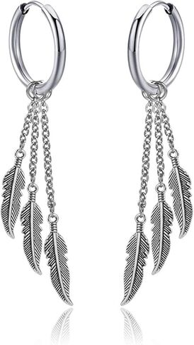 Punk Feather Hoop Earrings for Women Men Stainless Steel Punk Rock Long Threader Tassel Chain Link Drop Huggie Hinged Hoops Cartilage Earrings Personalized Unisex Jewelry Gifts in Saudi Arabia