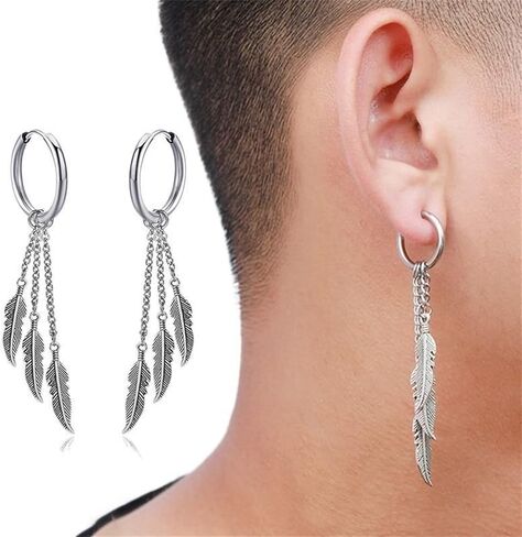 Punk Feather Hoop Earrings for Women Men Stainless Steel Punk Rock Long Threader Tassel Chain Link Drop Huggie Hinged Hoops Cartilage Earrings Personalized Unisex Jewelry Gifts in Saudi Arabia