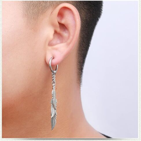 Punk Feather Hoop Earrings for Women Men Stainless Steel Punk Rock Long Threader Tassel Chain Link Drop Huggie Hinged Hoops Cartilage Earrings Personalized Unisex Jewelry Gifts in Saudi Arabia
