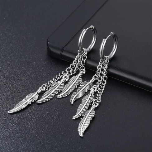 Punk Feather Hoop Earrings for Women Men Stainless Steel Punk Rock Long Threader Tassel Chain Link Drop Huggie Hinged Hoops Cartilage Earrings Personalized Unisex Jewelry Gifts in Saudi Arabia
