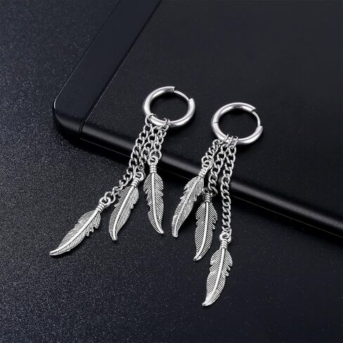 Punk Feather Hoop Earrings for Women Men Stainless Steel Punk Rock Long Threader Tassel Chain Link Drop Huggie Hinged Hoops Cartilage Earrings Personalized Unisex Jewelry Gifts in Saudi Arabia