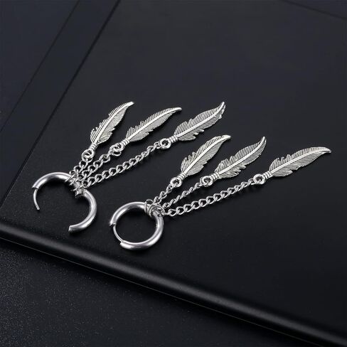 Punk Feather Hoop Earrings for Women Men Stainless Steel Punk Rock Long Threader Tassel Chain Link Drop Huggie Hinged Hoops Cartilage Earrings Personalized Unisex Jewelry Gifts in Saudi Arabia