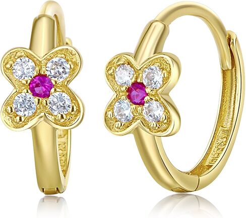 14k Yellow Gold Flower CZ Huggie Earrings (10 x 10 mm) in Saudi Arabia