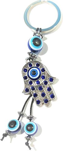 Blue Evil Eye Silver Palm Hamsa Keychain Hand Fatima Protection Charm Key holder Good Luck Keychain - Amulet Good Fortune, Luck & Blessing - Home Hand Bag Rear View Mirror Hanging (1.5"x4") in Saudi Arabia