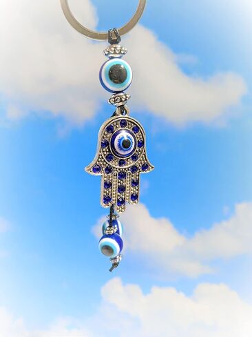 Blue Evil Eye Silver Palm Hamsa Keychain Hand Fatima Protection Charm Key holder Good Luck Keychain - Amulet Good Fortune, Luck & Blessing - Home Hand Bag Rear View Mirror Hanging (1.5"x4") in Saudi Arabia